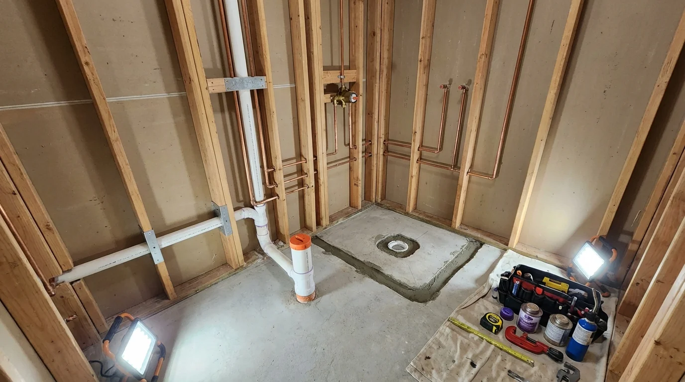 Bathroom rough-in plumbing during remodel by Johns Plumbing LLC in Batesville