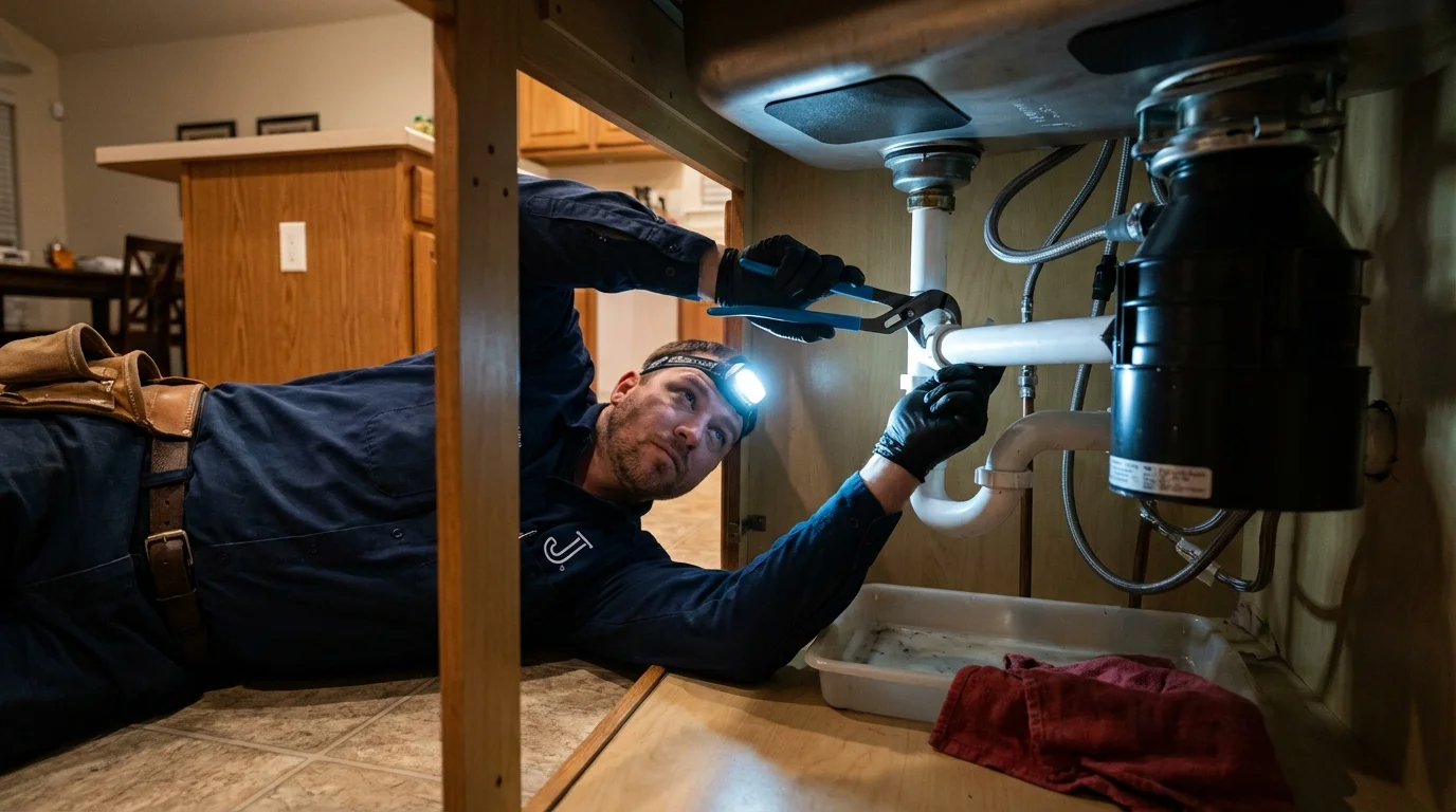 P-trap and supply line connections under a kitchen sink showing a common leak point in Batesville, AR
